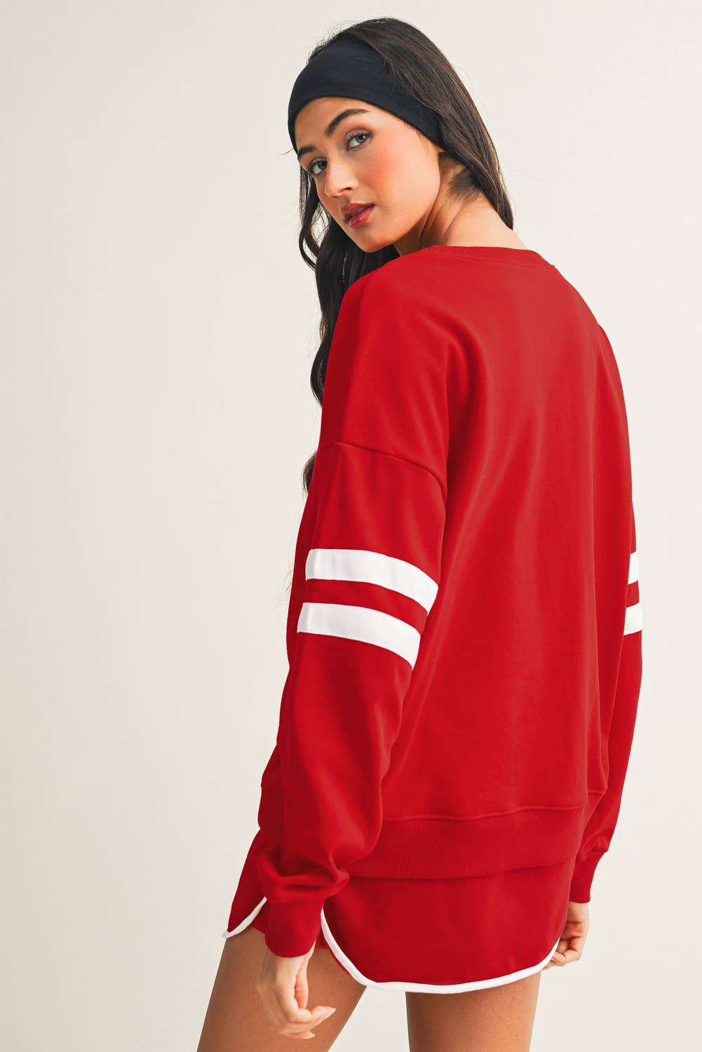Stripe Detail Drop Shoulder Pullover Mini Skirt Set