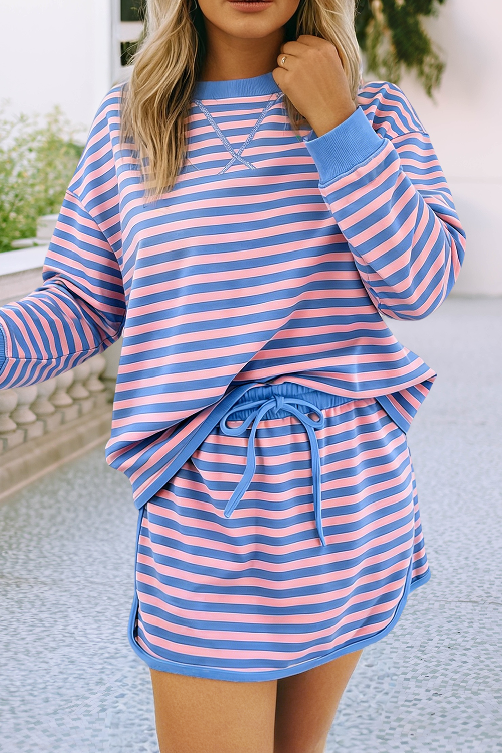 Colorblock Striped Short Sleeve Top and Skirt Set