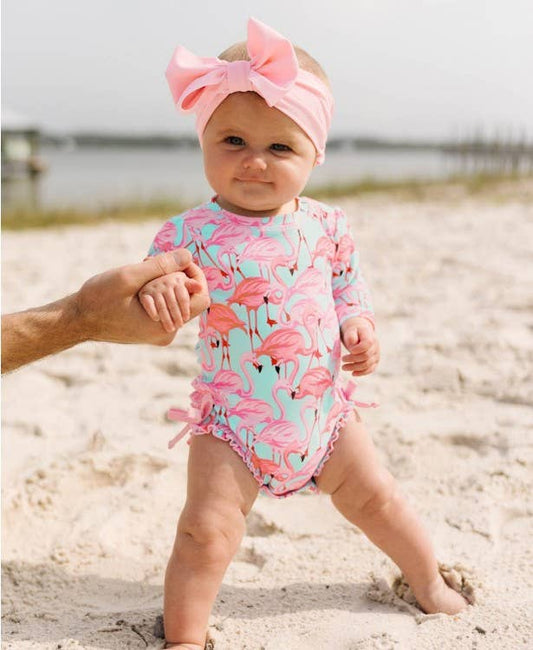 Baby Girls Fab Flamingo Long Sleeve One Piece Rash Guard Swimsuit with Signature Rear Ruffles