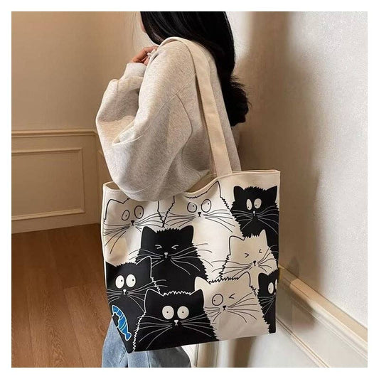 Large Capacity Canvas Tote Cat Cartoon Print
