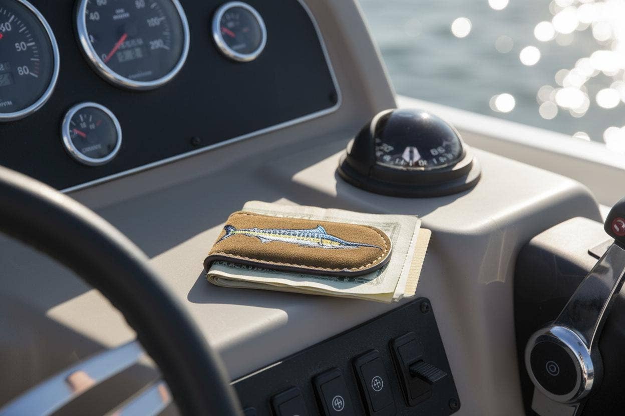 Embroidered Fish Leather Money Clip.