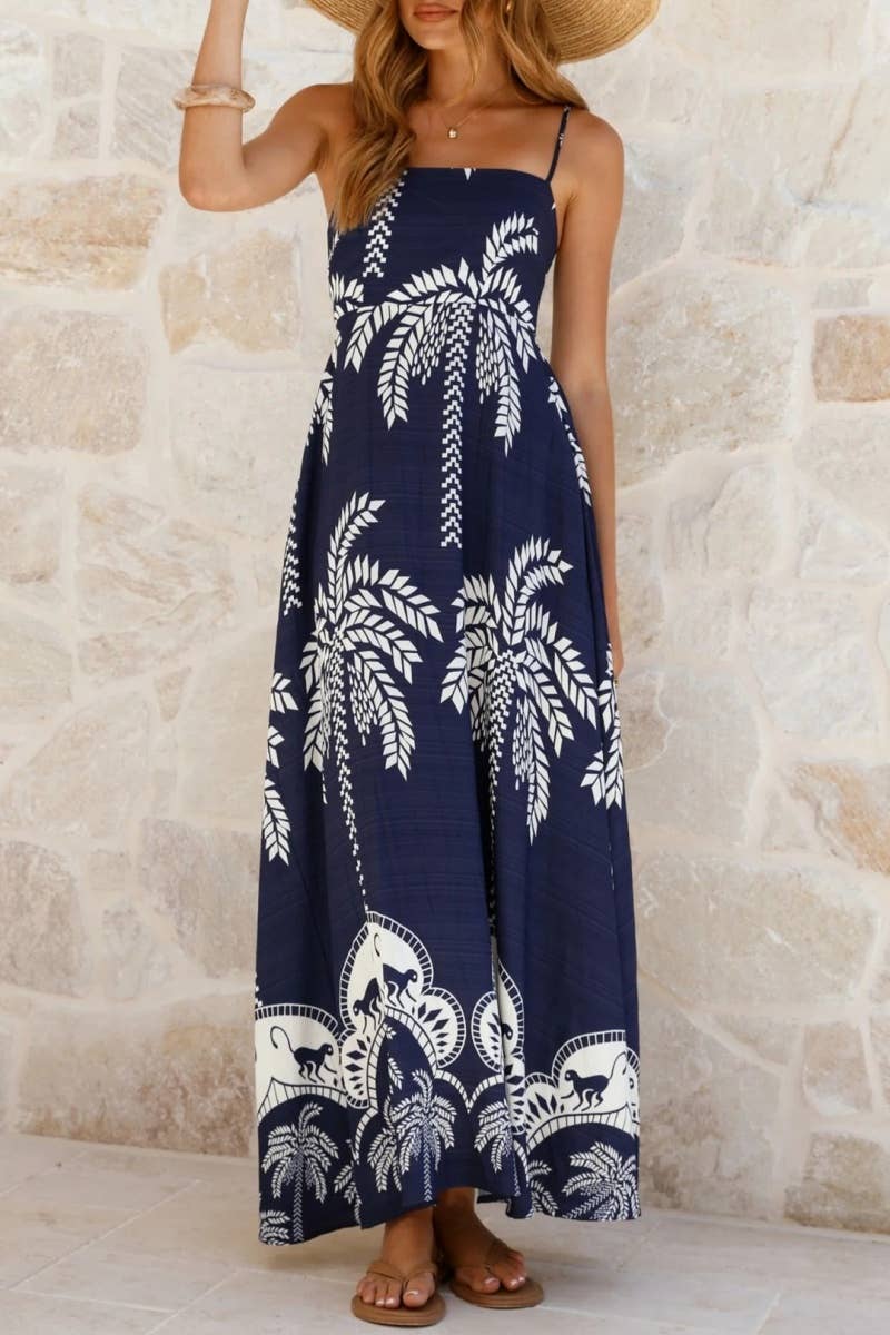 Tropical vacation palm print A-line strappy maxi dress