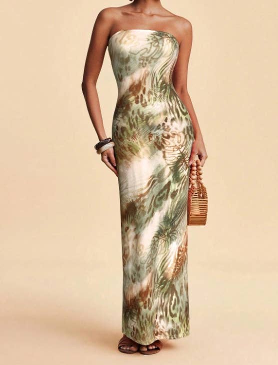 Tropical Floral Print Strapless Maxi Dress Tube Dress