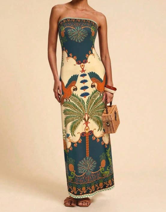 Tropical Floral Print Strapless Maxi Dress Tube Dress