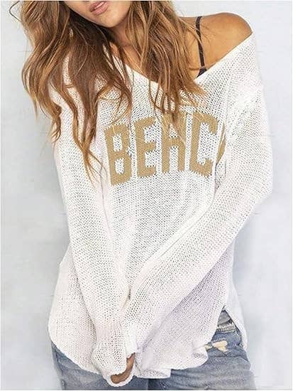 "Beach" Letter Print V-Neck Hollow Knit Blouse