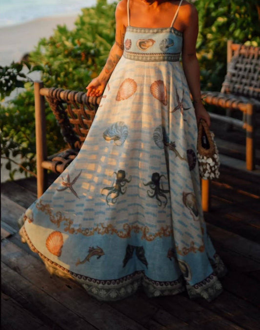 Sea Creature Print Beach Vacation Style Cami Dress