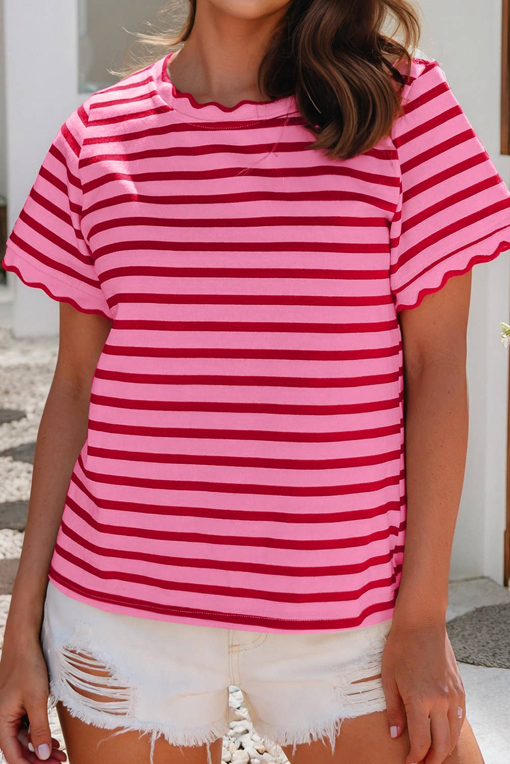 Scalloped Trim Round Neck Stripe T Shirt