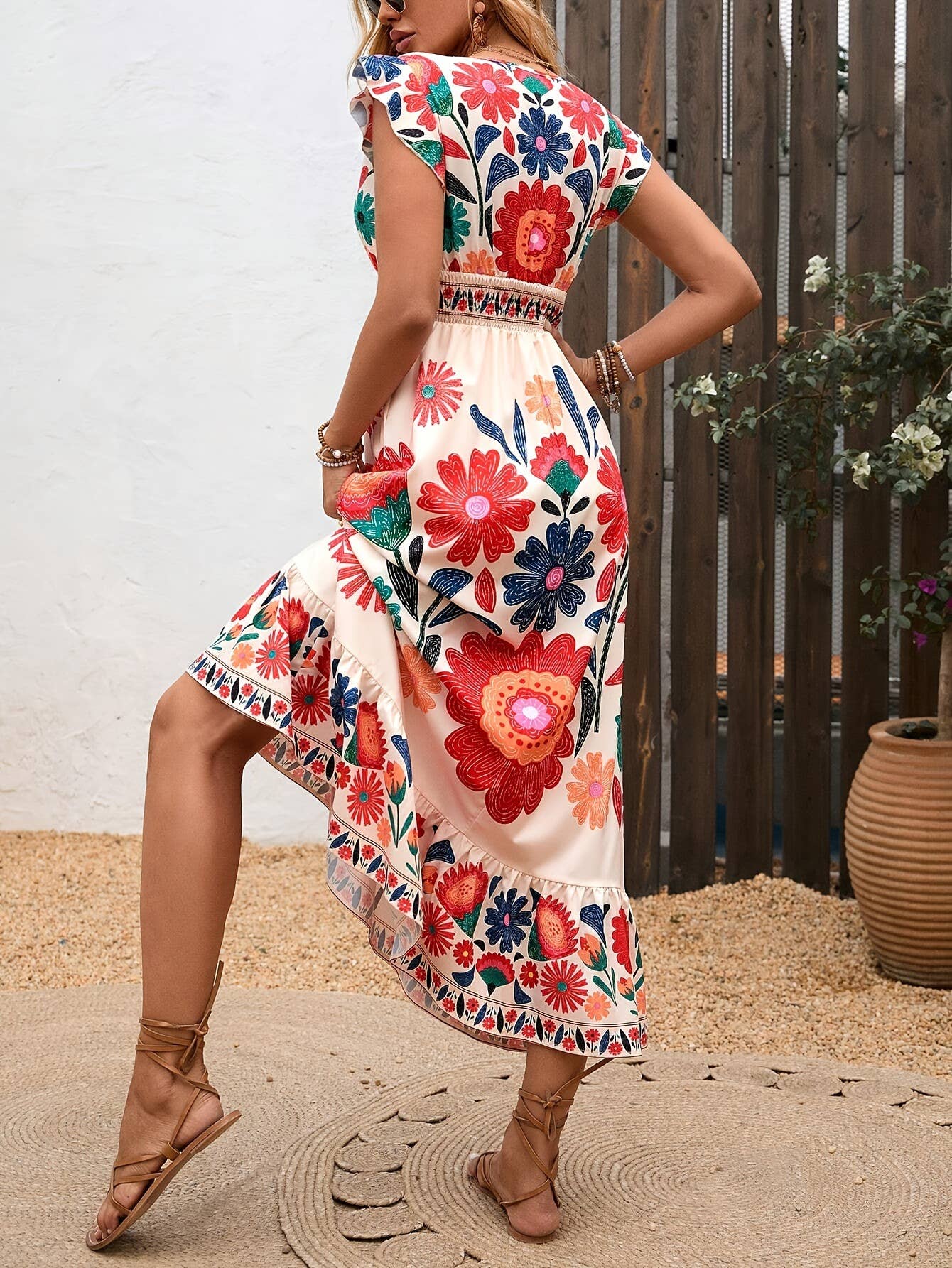 Bohemian V-Neck Ruffled Floral Flowy Vacation Dress