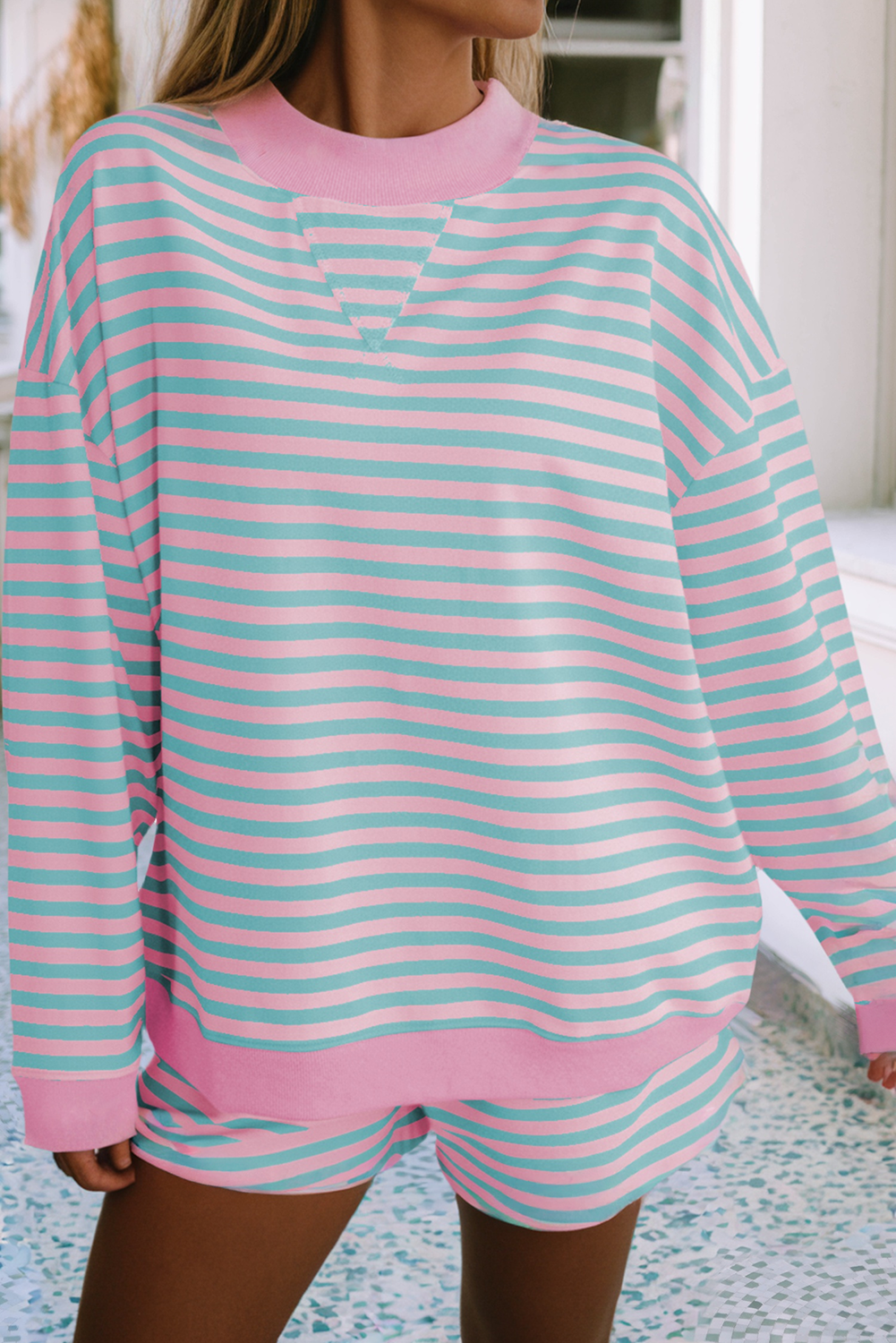 Stripe Colorblock Pullover Elastic Waist Shorts 2pc Set