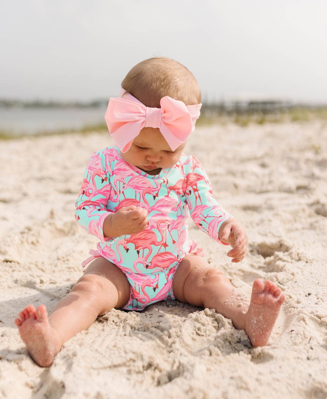 Baby Girls Fab Flamingo Long Sleeve One Piece Rash Guard Swimsuit with Signature Rear Ruffles