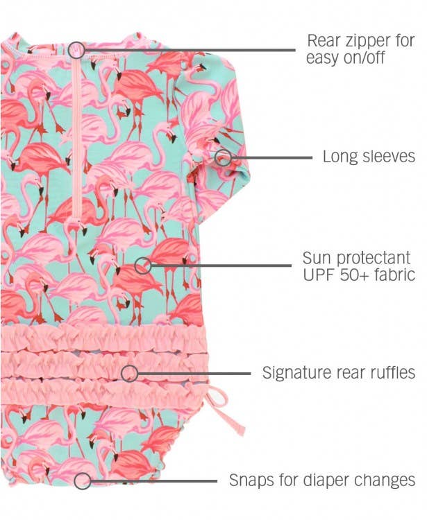 Baby Girls Fab Flamingo Long Sleeve One Piece Rash Guard Swimsuit with Signature Rear Ruffles