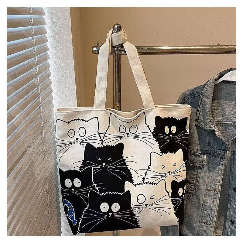 Large Capacity Canvas Tote Cat Cartoon Print