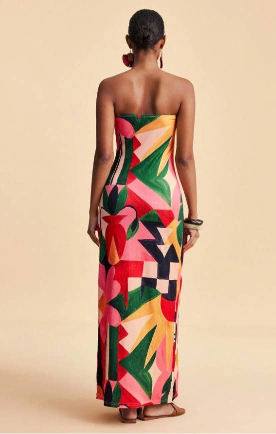 Tropical Floral Print Strapless Maxi Dress Tube Dress