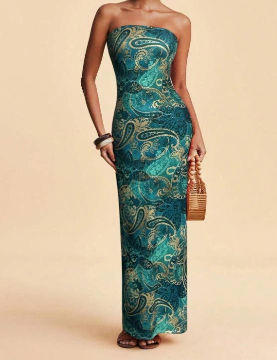 Tropical Floral Print Strapless Maxi Dress Tube Dress