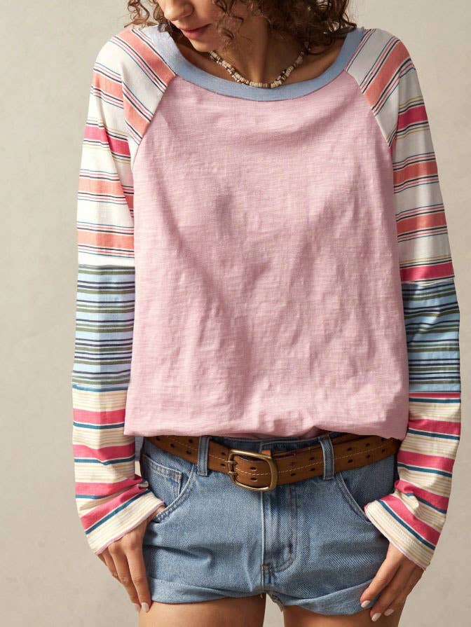Raglan Sleeve Colorblock Striped Patchwork Top