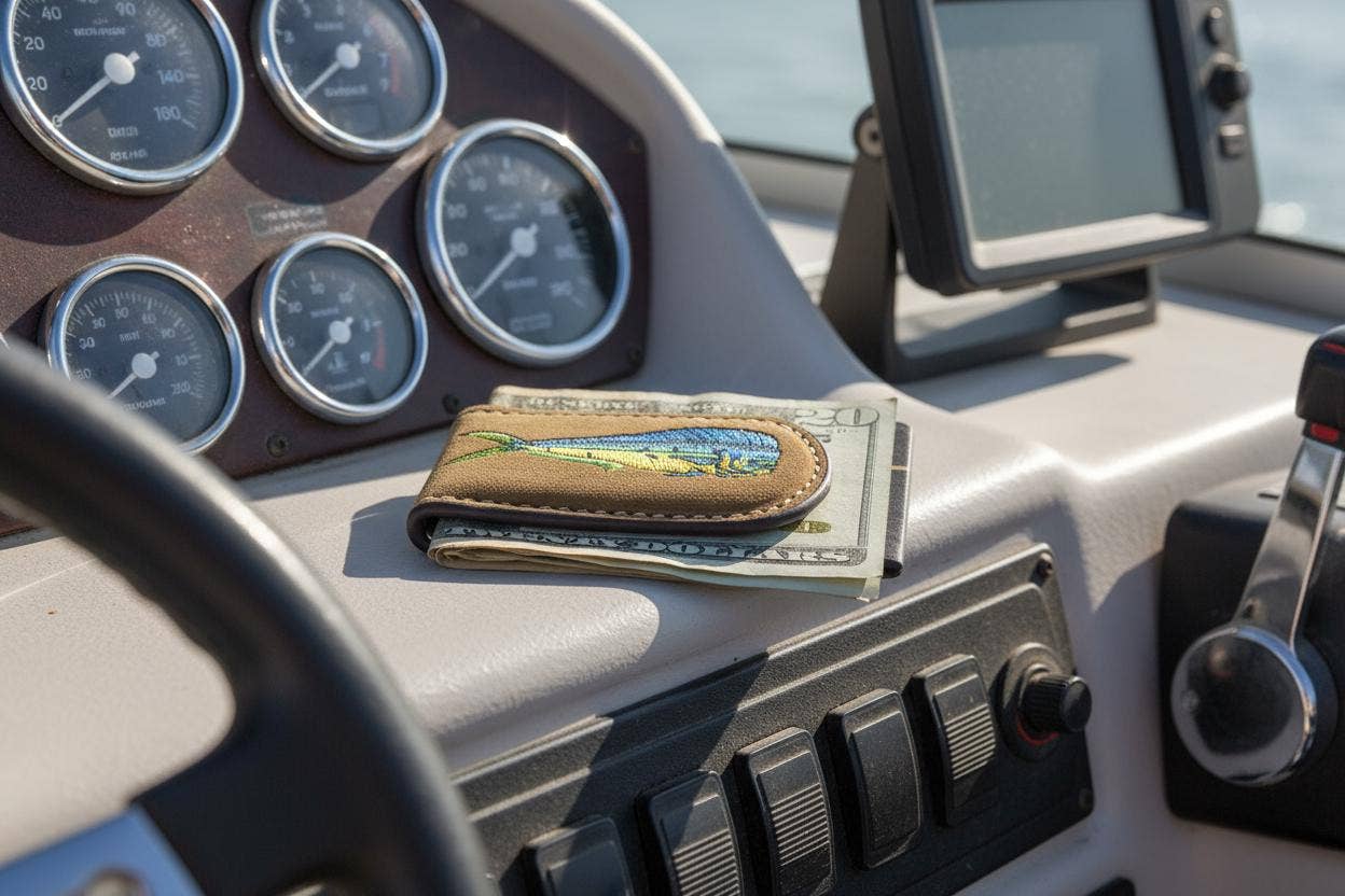 Embroidered Fish Leather Money Clip.