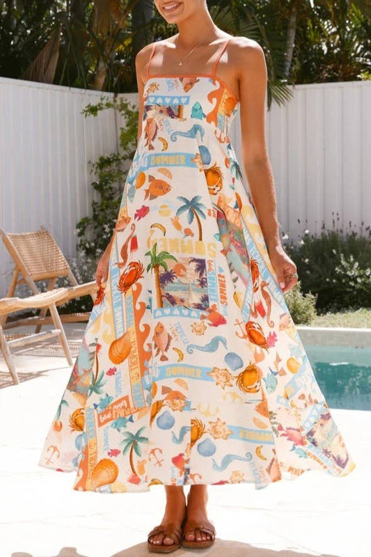 2025 Delphine Tropical Islands print flare large swing dress