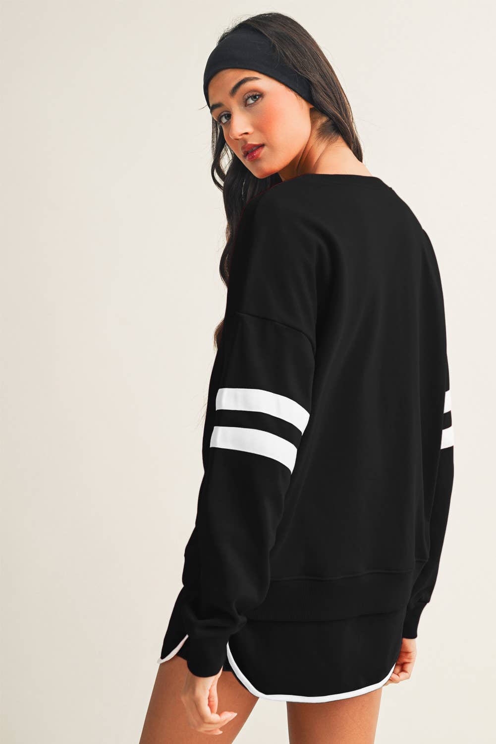 Stripe Detail Drop Shoulder Pullover Mini Skirt Set