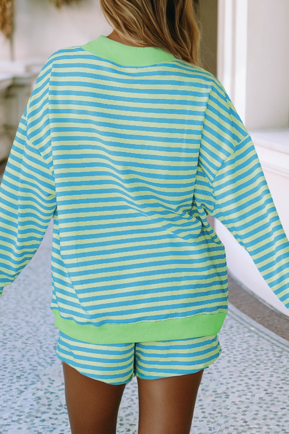 Stripe Colorblock Pullover Elastic Waist Shorts 2pc Set