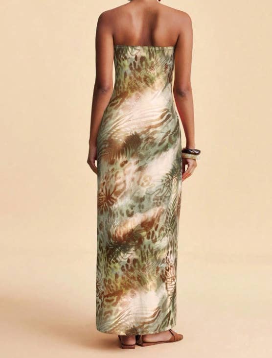 Tropical Floral Print Strapless Maxi Dress Tube Dress