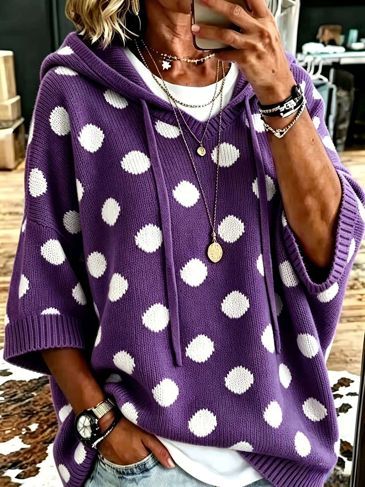 Polka Dot Hooded Short Sleeve Knit Sweater