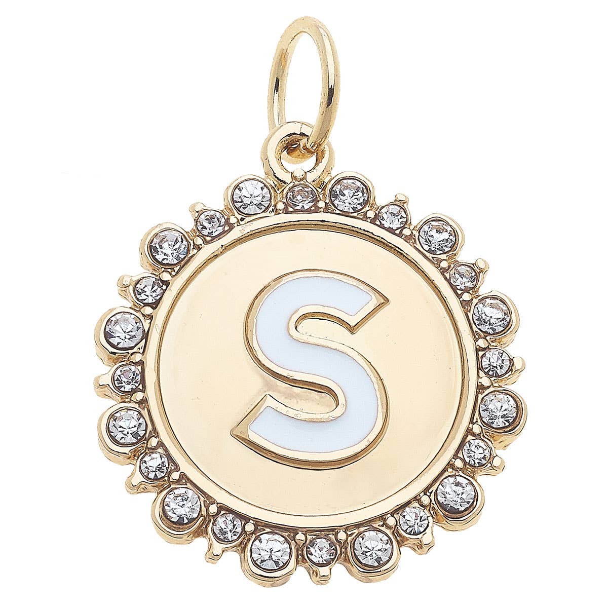Rhinestone Letter Disc Charm in Shiny Gold