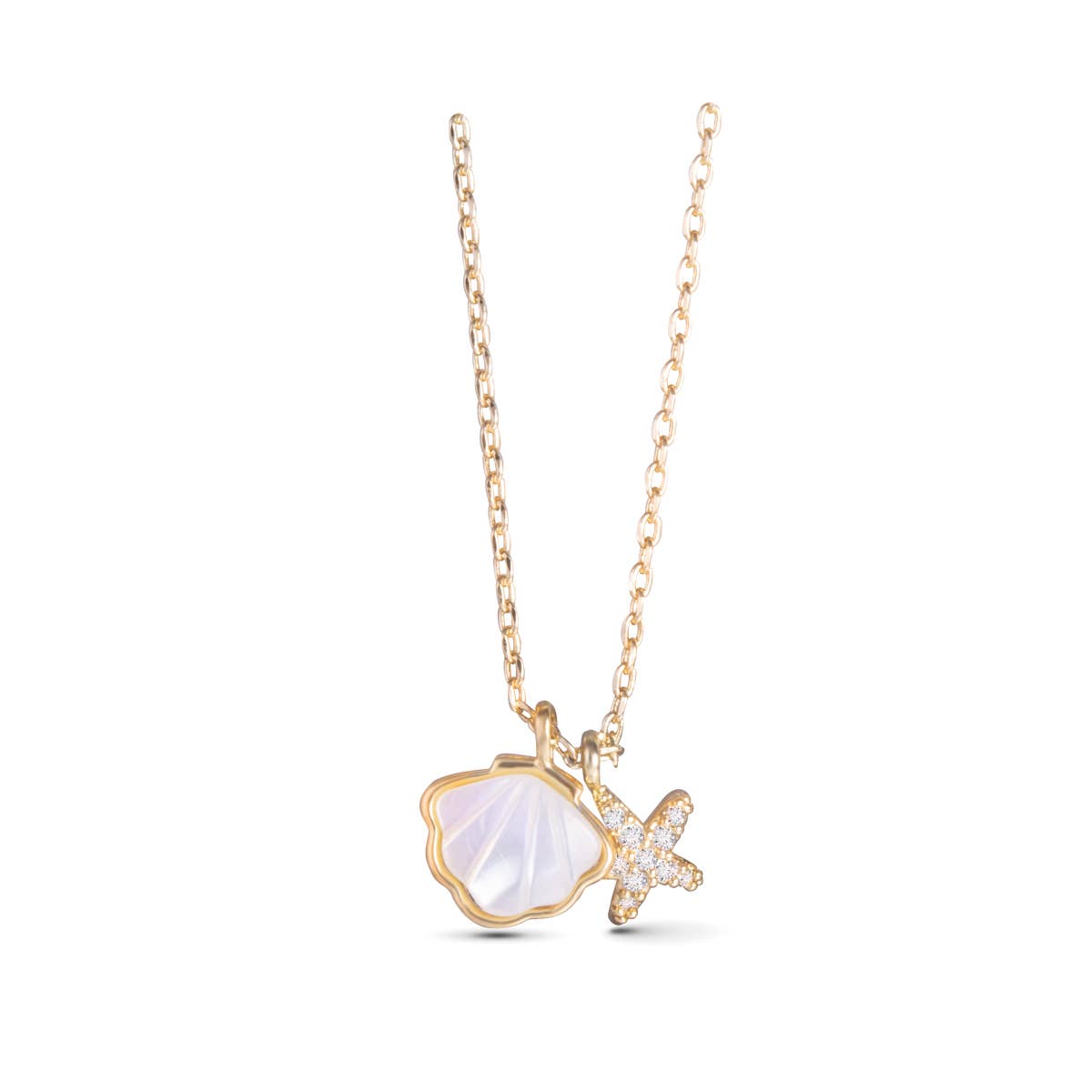 Mother of Pearl Seashell and CZ Starfish Necklace -  Gold