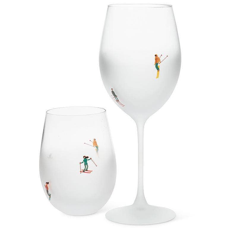 Frosted Skier Wine Glass