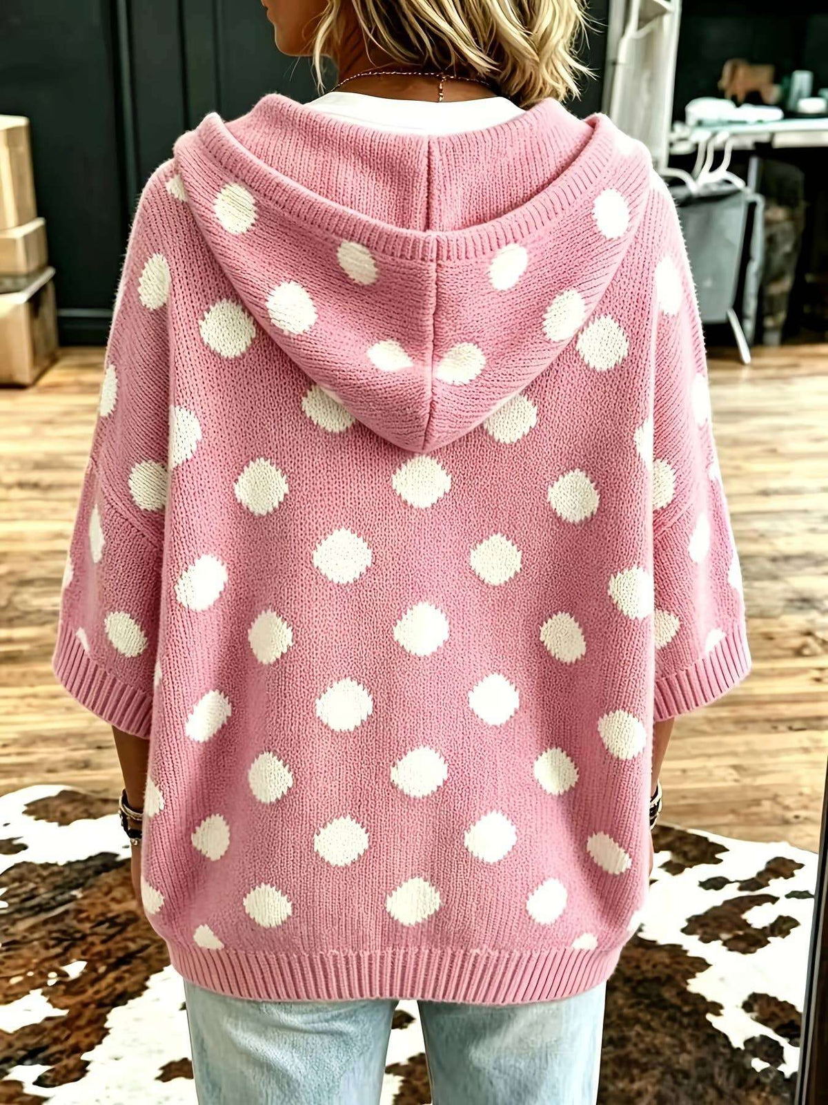 Polka Dot Hooded Short Sleeve Knit Sweater
