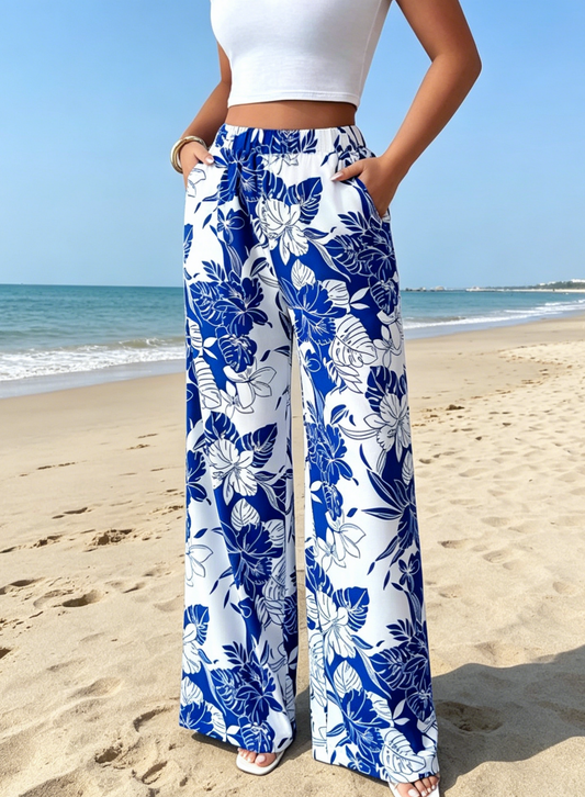 Vacation Trousers Floral Print Wide Leg Pants