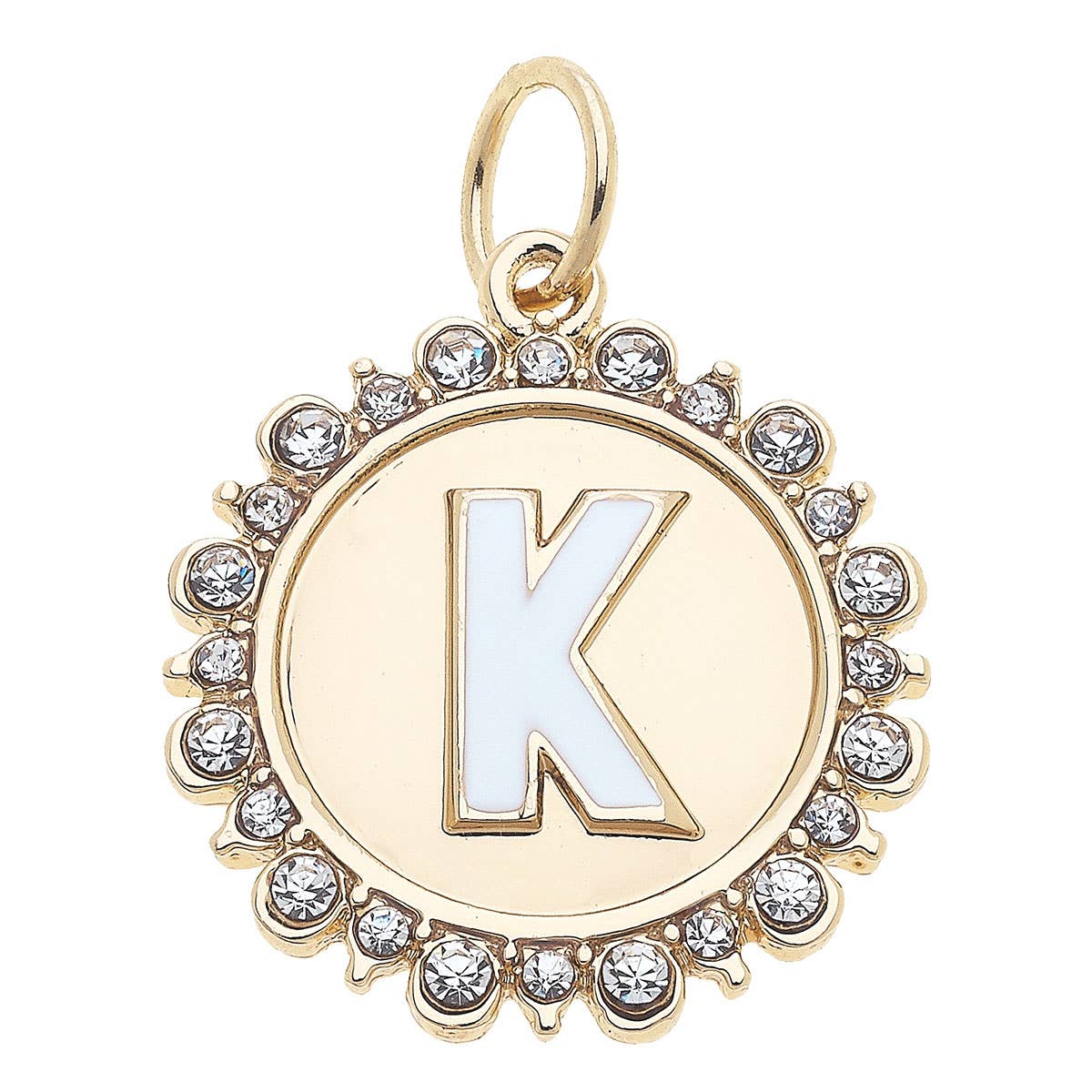 Rhinestone Letter Disc Charm in Shiny Gold