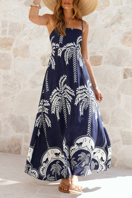 Tropical vacation palm print A-line strappy maxi dress