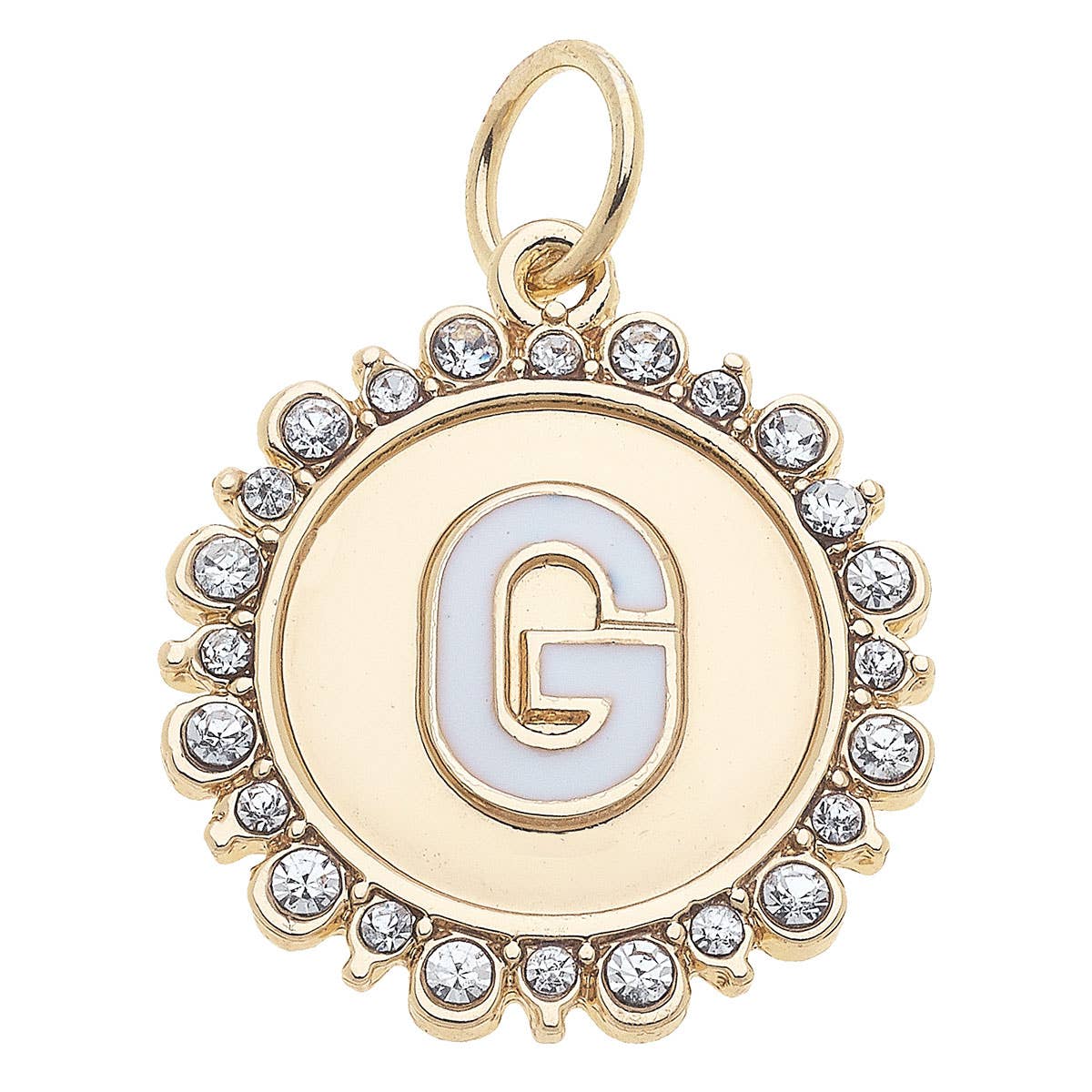 Rhinestone Letter Disc Charm in Shiny Gold