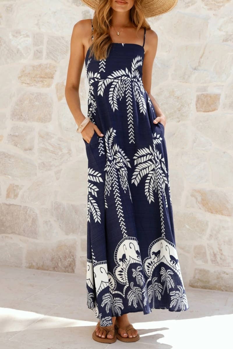 Tropical vacation palm print A-line strappy maxi dress