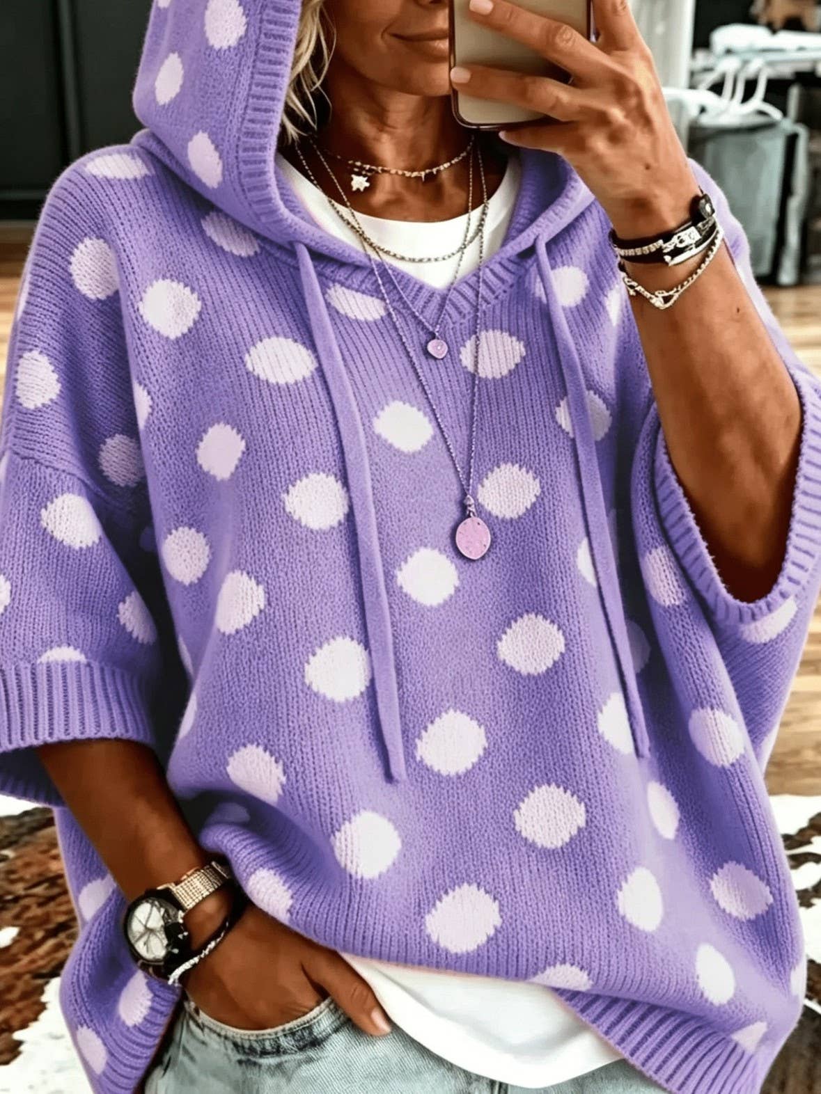 Polka Dot Hooded Short Sleeve Knit Sweater