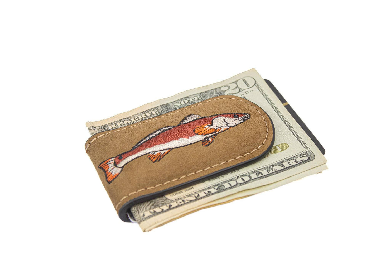 Embroidered Fish Leather Money Clip.