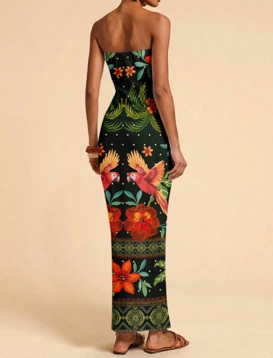 Tropical Floral Print Strapless Maxi Dress Tube Dress
