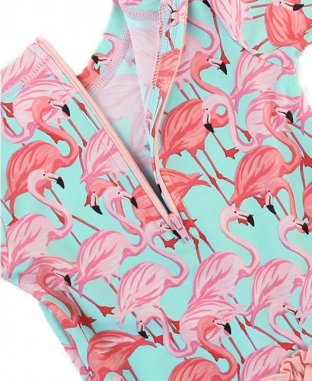 Baby Girls Fab Flamingo Long Sleeve One Piece Rash Guard Swimsuit with Signature Rear Ruffles