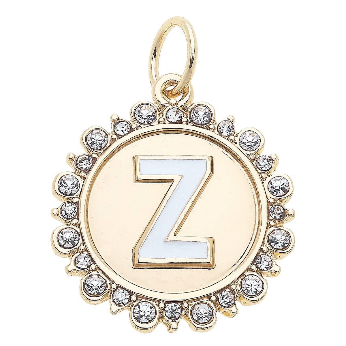 Rhinestone Letter Disc Charm in Shiny Gold