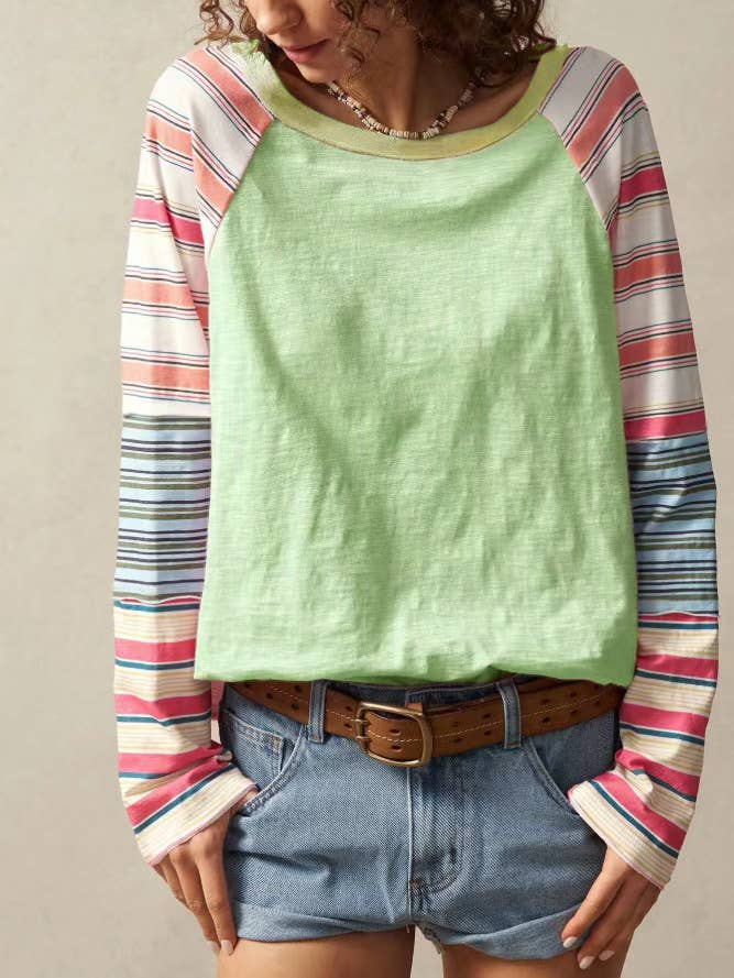 Raglan Sleeve Colorblock Striped Patchwork Top