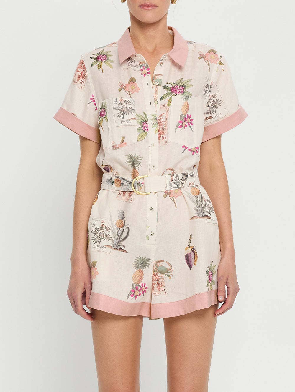 Vacay Elegant Fruit & Floral Belted Romper