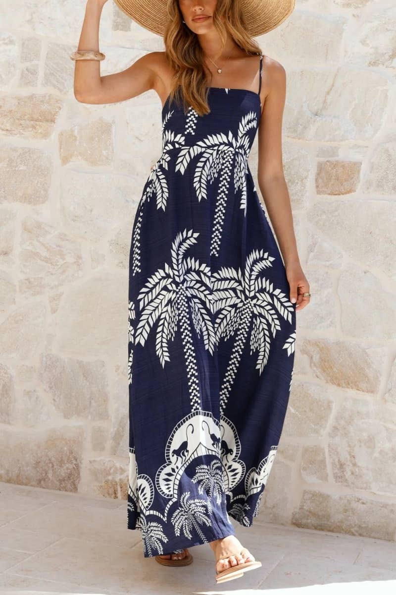 Tropical vacation palm print A-line strappy maxi dress