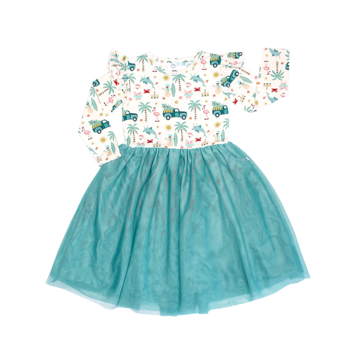 Coastal Christmas Flutter Long Sleeve Tulle Twirl Dress