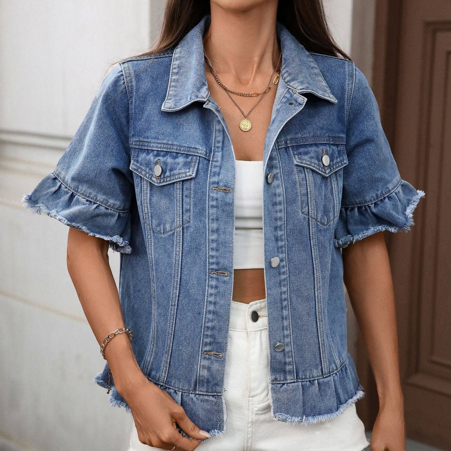 Fringe Hem Three-Quarter Sleeve Lapel Denim Jacket