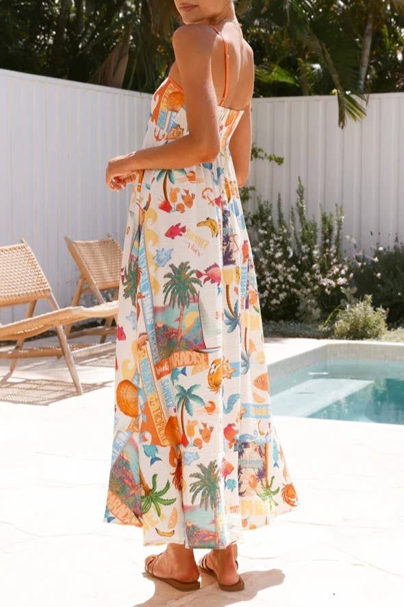 2025 Delphine Tropical Islands print flare large swing dress