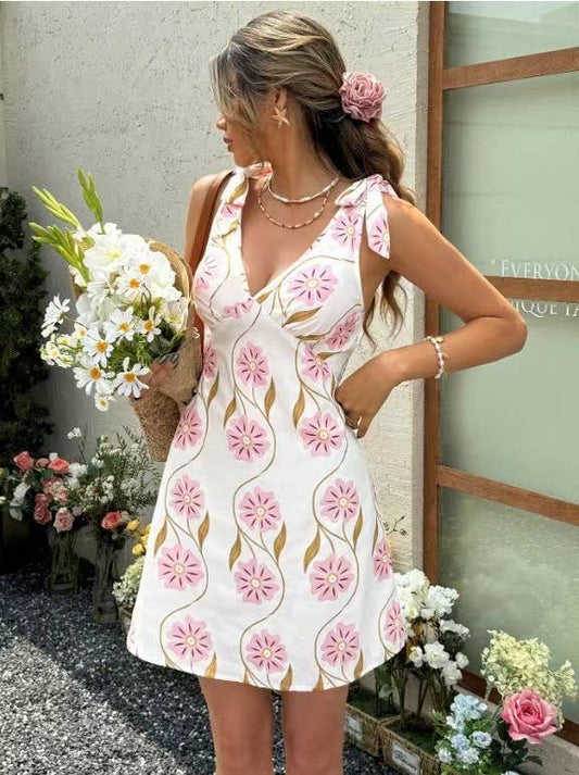 Morning Glory floral print bow straps v-neck mini dress