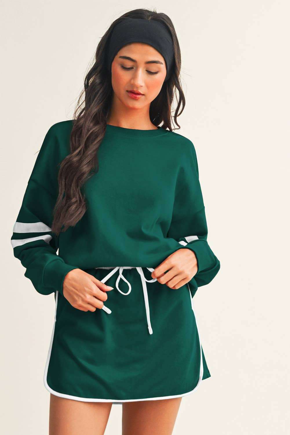 Stripe Detail Drop Shoulder Pullover Mini Skirt Set