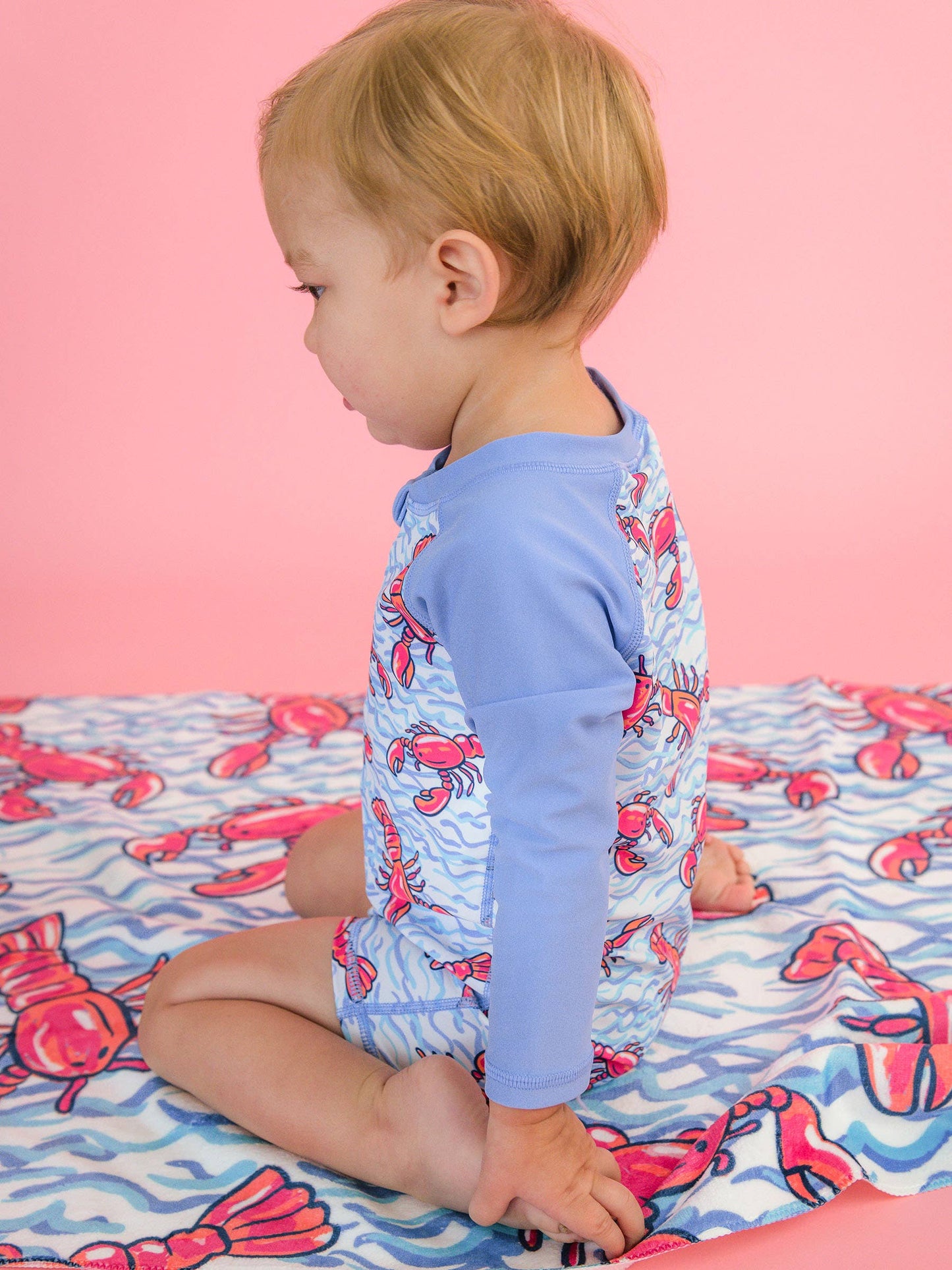 Baby Boys Blue Lobster Lagoon Long Sleeve One Piece Rash Guard Swimsuit