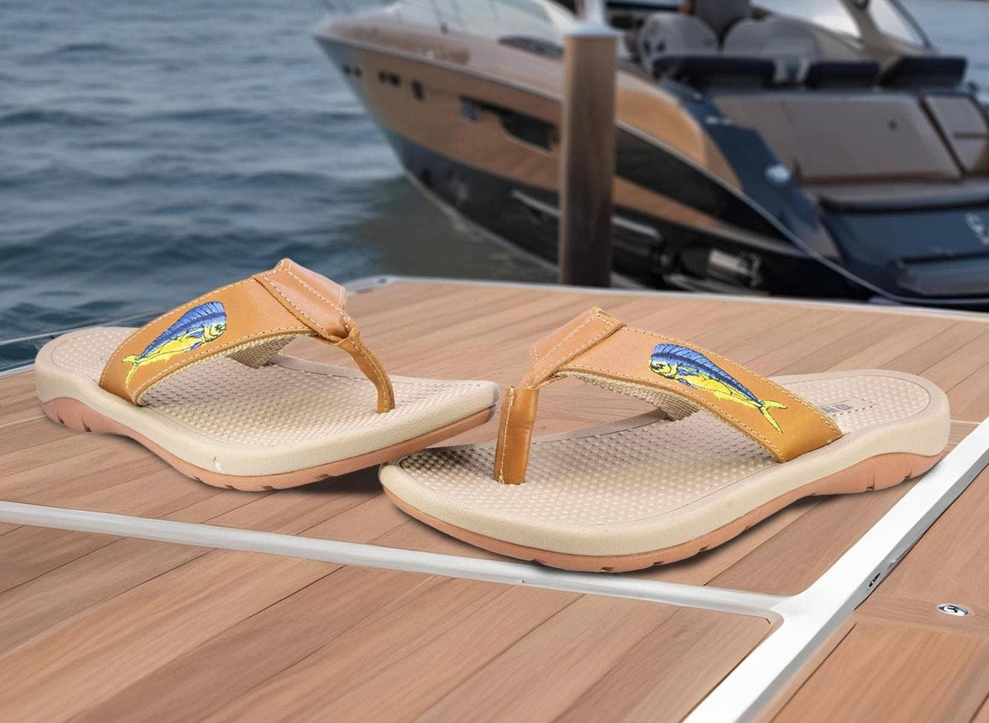 Mahi Dolphin Men's Fishing Tan Leather Embroidered Fishing Sandal