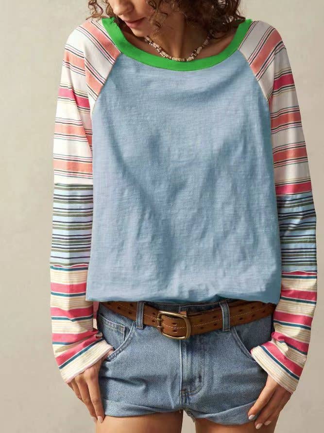 Raglan Sleeve Colorblock Striped Patchwork Top